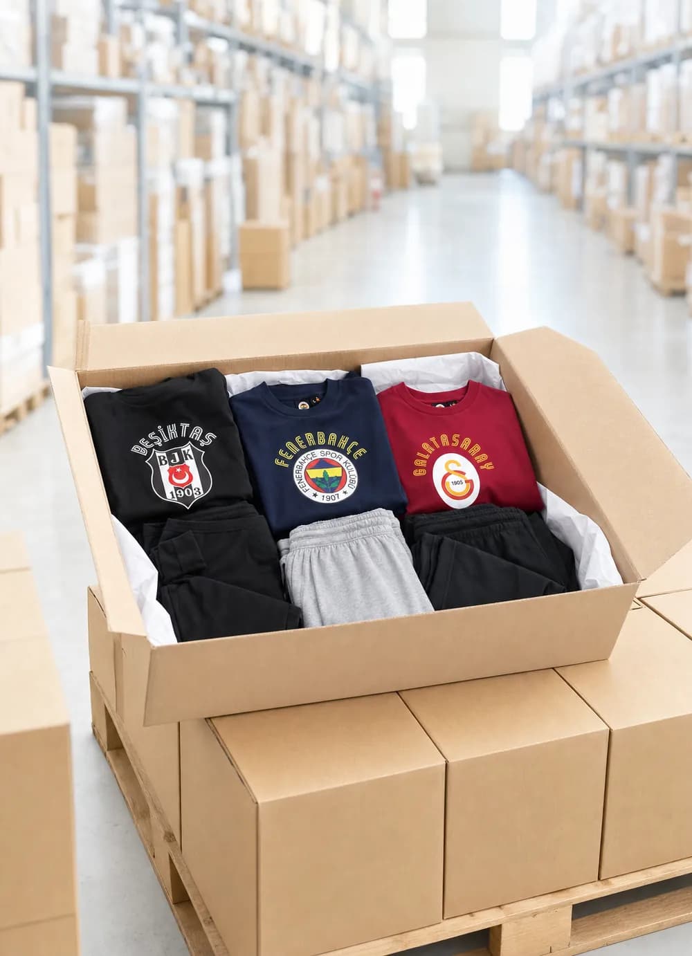Depoda palet üstünde koli; içinde üç kulübün lisanslı çocuk takımları karışık